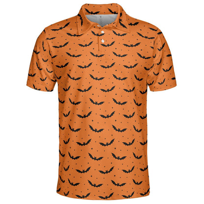 Halloween Bat Polo Shirt for Men Orange Black Spooky Print Moisture Wicking Short Sleeve Golf Top