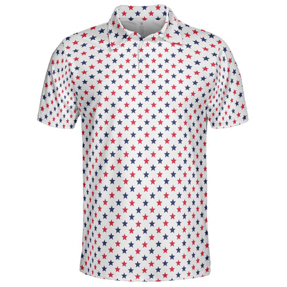 4th of July White Polo Patriotic Golf Shirt for Men Red and Blue Stars Moisture Wicking Summer Top