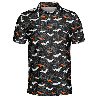Halloween Bat Spiderweb Polo Shirt for Men Spooky Costume Moisture Wicking Short Sleeve Golf Top