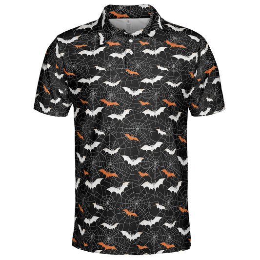 Halloween Bat Spiderweb Polo Shirt for Men Spooky Costume Moisture Wicking Short Sleeve Golf Top