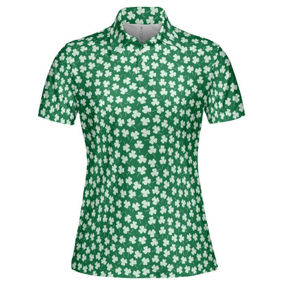 St Patricks Day Polo Golf Shirt for Women Shamrock Clover Print Moisture Wicking Short Sleeve Top