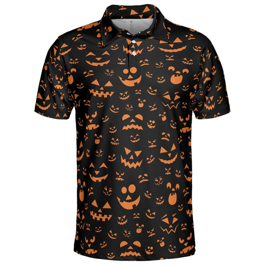 Halloween Jack O Lantern Polo Shirt for Men Black Orange Moisture Wicking Short Sleeve Golf Top