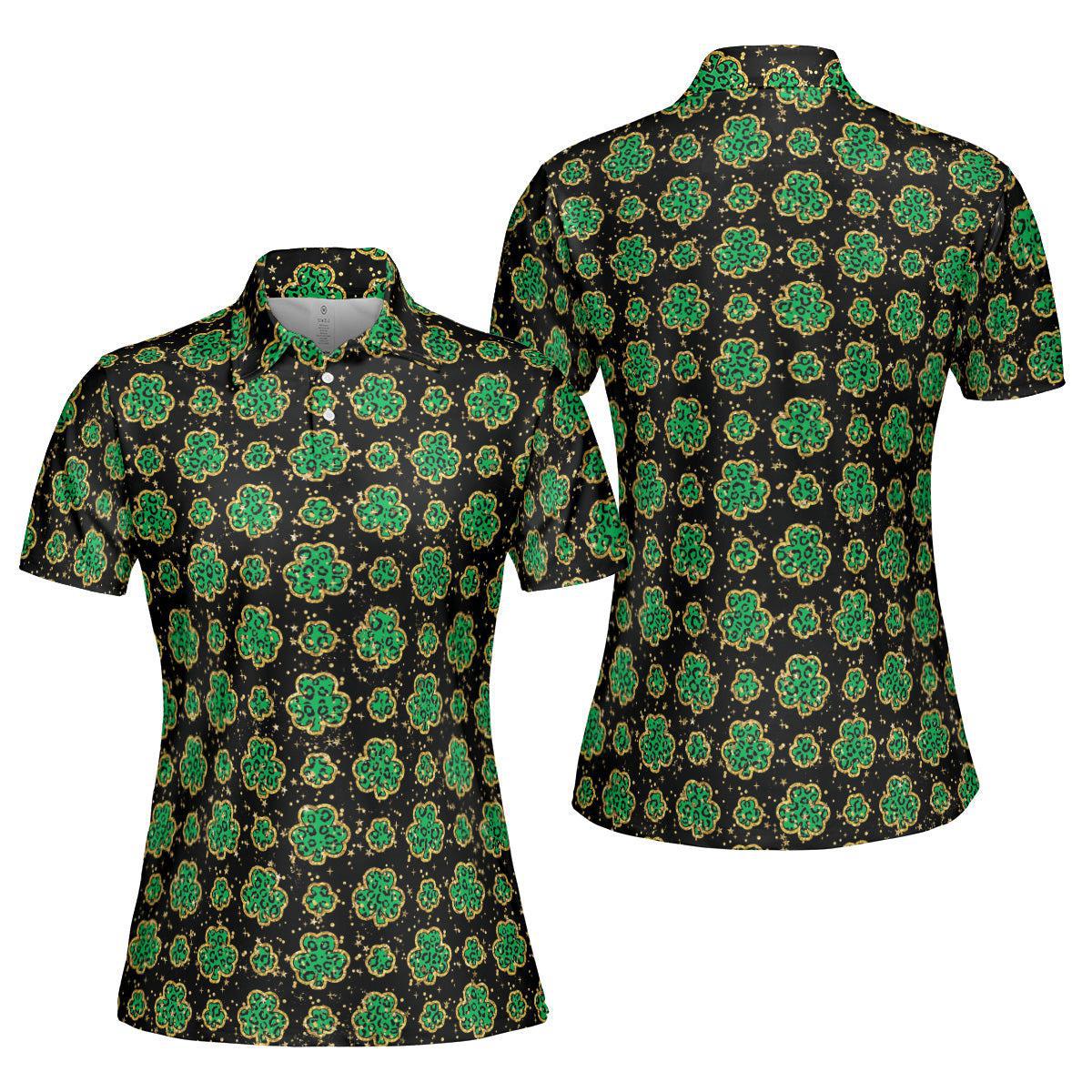 St Patricks Day Polo Golf Shirt for Women Lucky Four Leaf Clover Gold Accents Moisture Wicking Short Sleeve Top
