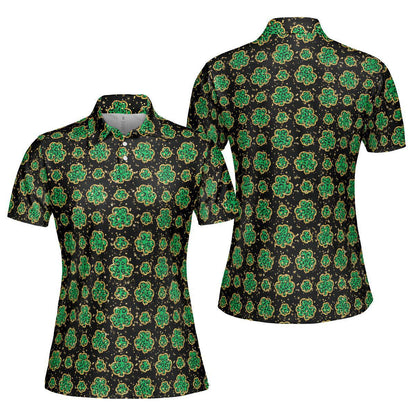 St Patricks Day Polo Golf Shirt for Women Lucky Four Leaf Clover Gold Accents Moisture Wicking Short Sleeve Top