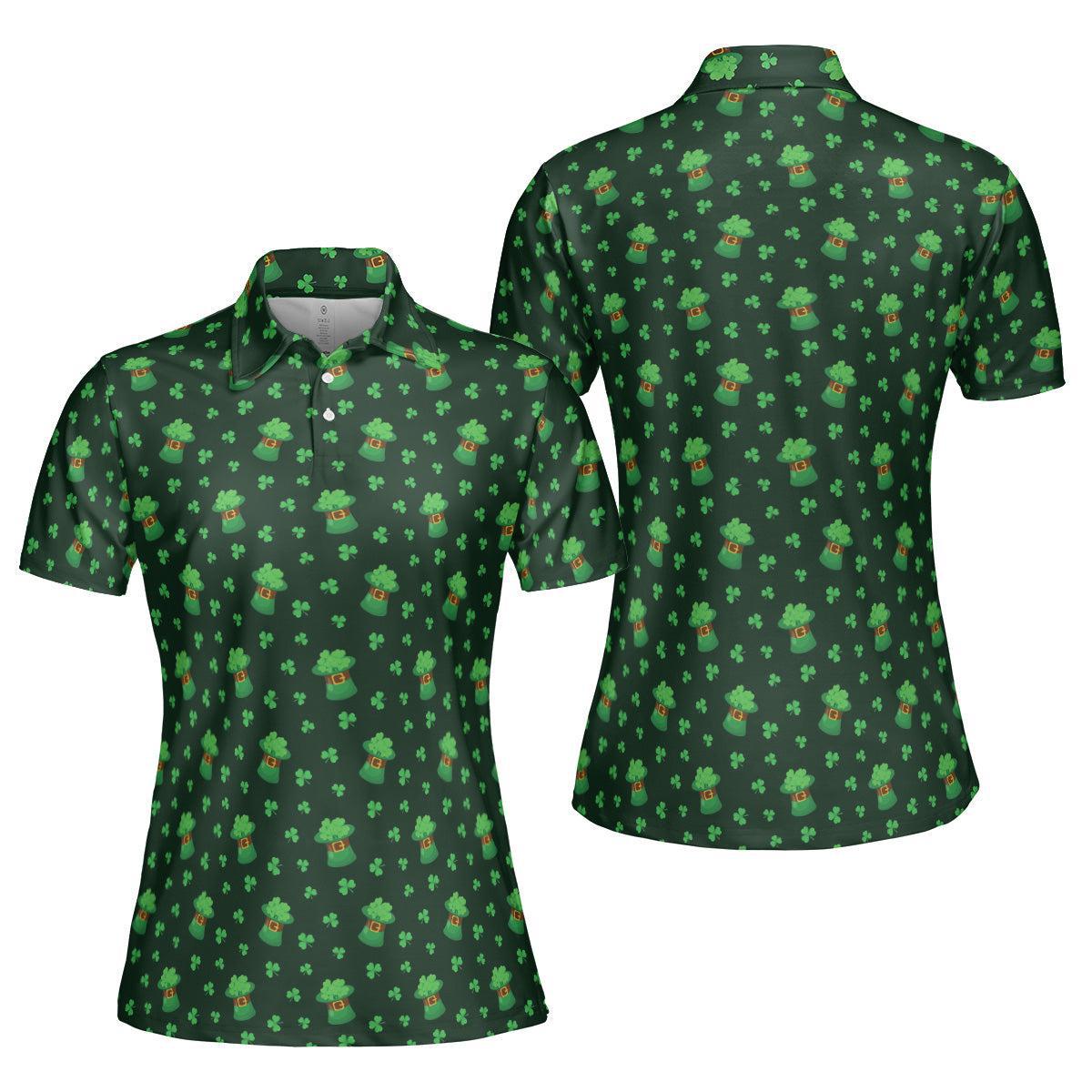 St Patricks Day Polo Golf Shirt for Women Lucky Clover Shamrock Hat Moisture Wicking Short Sleeve Top