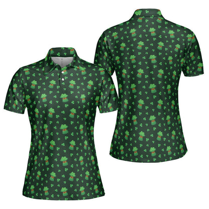 St Patricks Day Polo Golf Shirt for Women Lucky Clover Shamrock Hat Moisture Wicking Short Sleeve Top