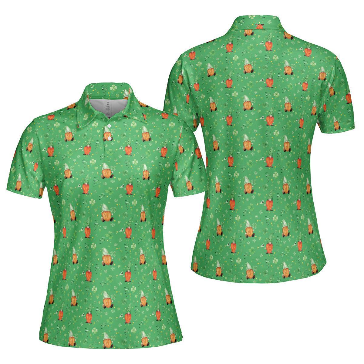 St Patricks Day Polo Golf Shirt for Women Irish Gnome Clover Pattern Moisture Wicking Short Sleeve Top