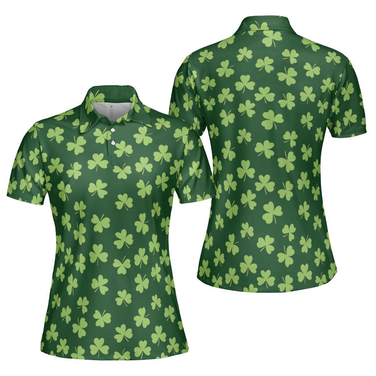 St Patricks Day Polo Golf Shirt for Women Dark Green Shamrock Clover Print Moisture Wicking Short Sleeve Top