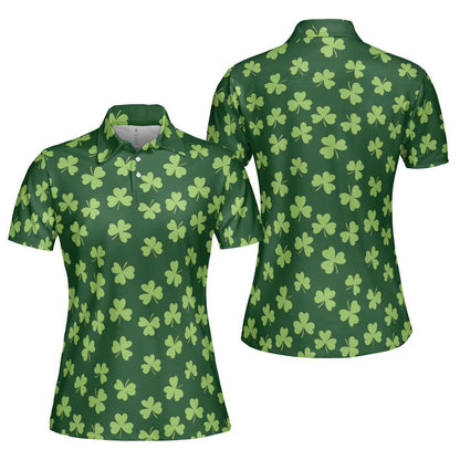 St Patricks Day Polo Golf Shirt for Women Dark Green Shamrock Clover Print Moisture Wicking Short Sleeve Top
