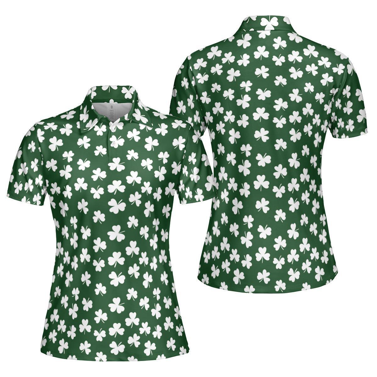 St Patricks Day Polo Golf Shirt for Women White Shamrock Clover Pattern Moisture Wicking Short Sleeve Top