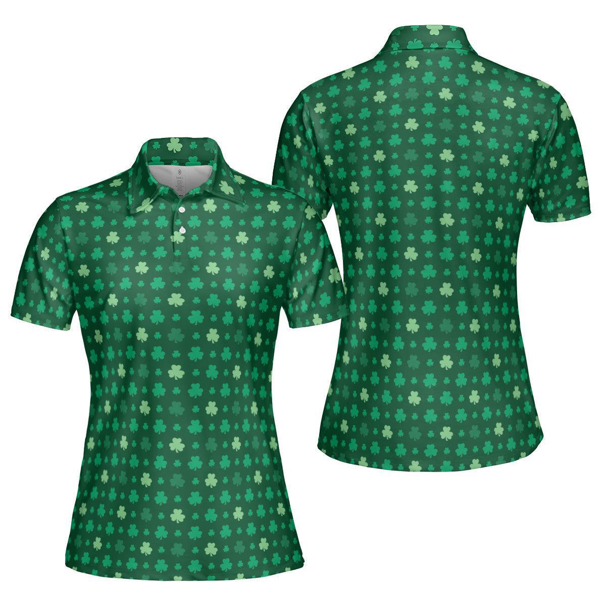 St Patricks Day Polo Golf Shirt for Women Lucky Shamrock Clover Print Moisture Wicking Short Sleeve Top