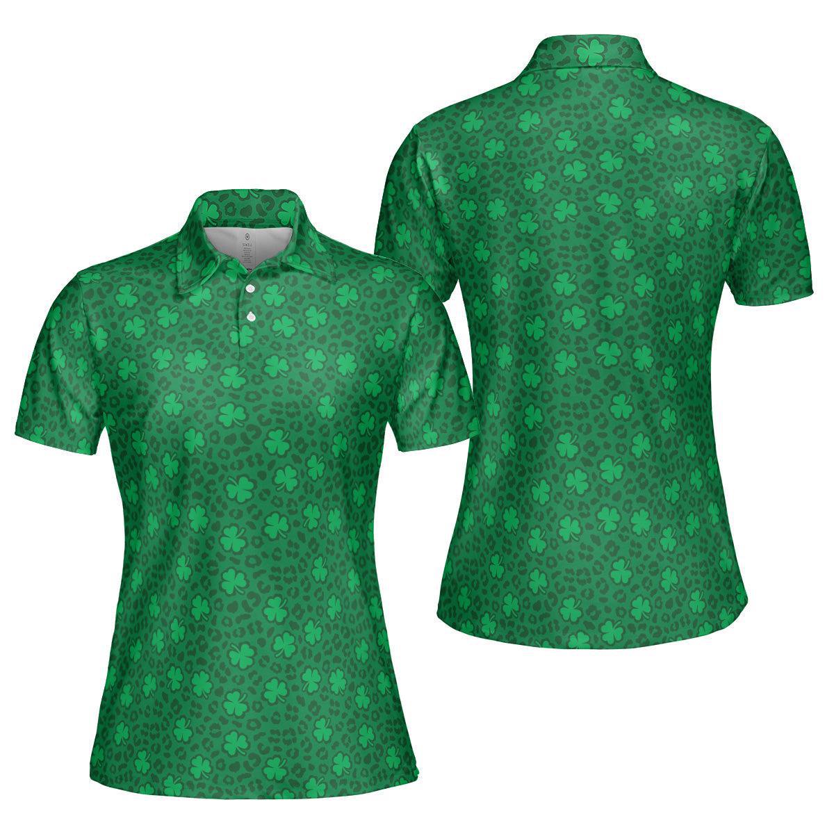 St Patrick's Day Polo Shirts for Women Leopard Print Clover Green Shirt Moisture Wicking Short Sleeve Golf Shirt