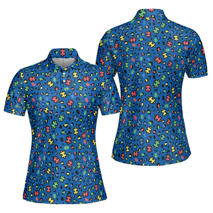 Autism Awareness Shirt for Women Blue Polo Golf Puzzle Print Teacher Outfit Moisture Wicking Short Sleeve Top