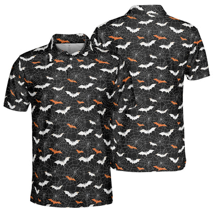 Halloween Bat Spiderweb Polo Shirt for Men Spooky Costume Moisture Wicking Short Sleeve Golf Top