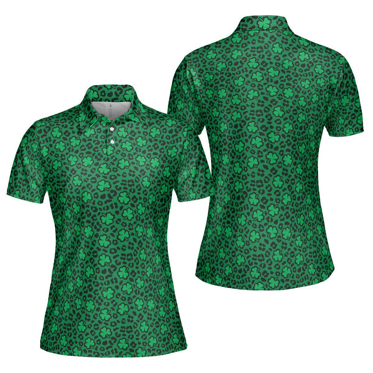 St Patrick's Day Polo Shirts for Women Leopard Print Shamrock Green Shirt Moisture Wicking Short Sleeve Golf Shirt