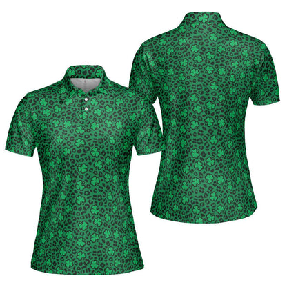 St Patrick's Day Polo Shirts for Women Leopard Print Shamrock Green Shirt Moisture Wicking Short Sleeve Golf Shirt