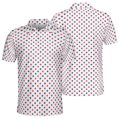 4th of July White Polo Patriotic Golf Shirt for Men Red and Blue Stars Moisture Wicking Summer Top