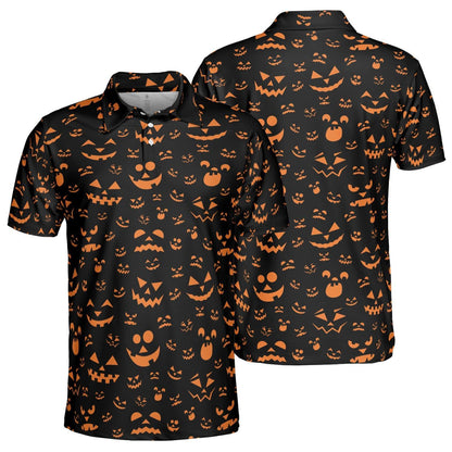 Halloween Jack O Lantern Polo Shirt for Men Black Orange Moisture Wicking Short Sleeve Golf Top