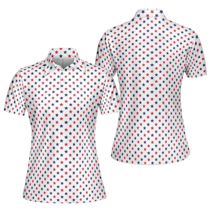 4th of July White Polo Patriotic Golf Shirt for Women Red and Blue Stars Moisture Wicking Summer Top