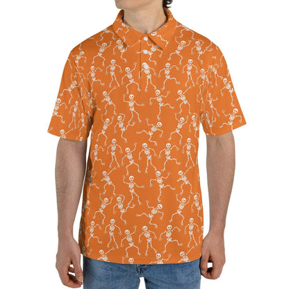 Halloween Skeleton Polo Shirt for Men Orange White Moisture Wicking Short Sleeve Golf Top