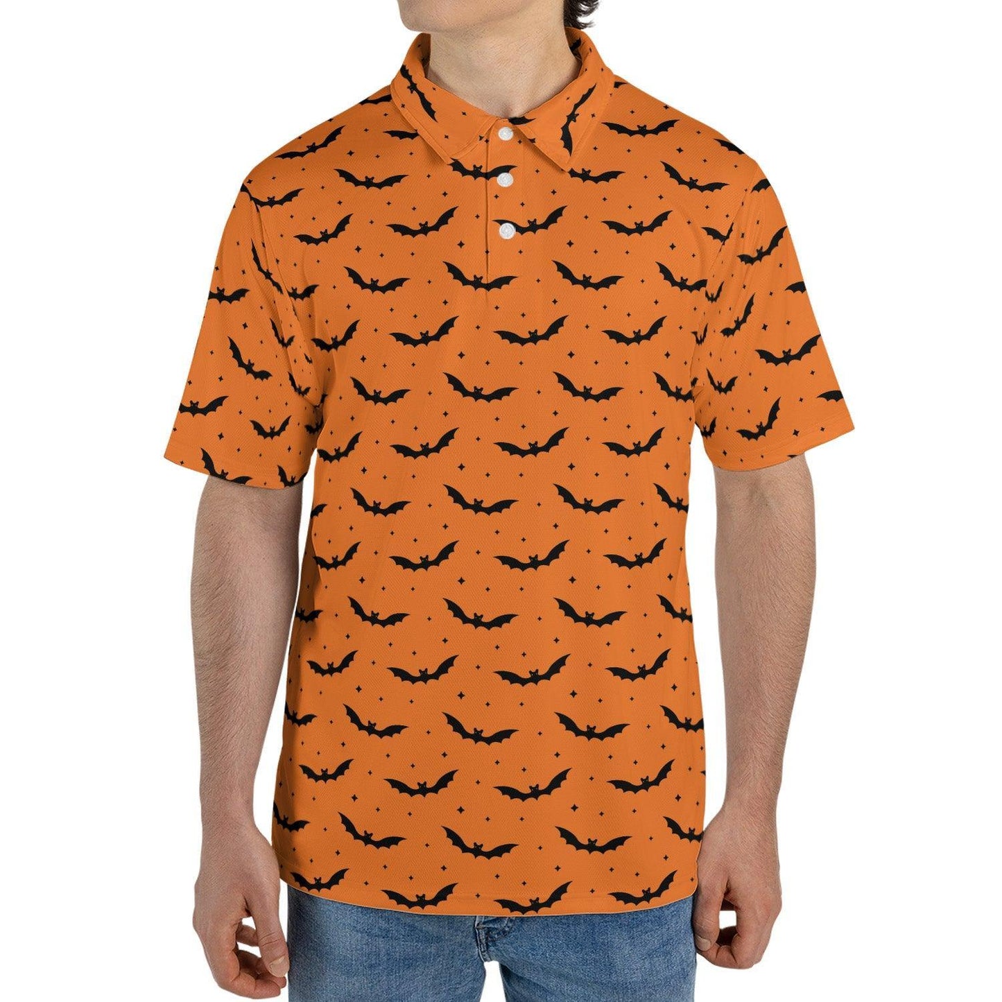 Halloween Bat Polo Shirt for Men Orange Black Spooky Print Moisture Wicking Short Sleeve Golf Top