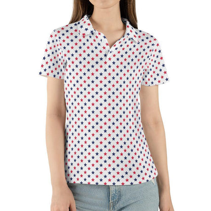 4th of July White Polo Patriotic Golf Shirt for Women Red and Blue Stars Moisture Wicking Summer Top