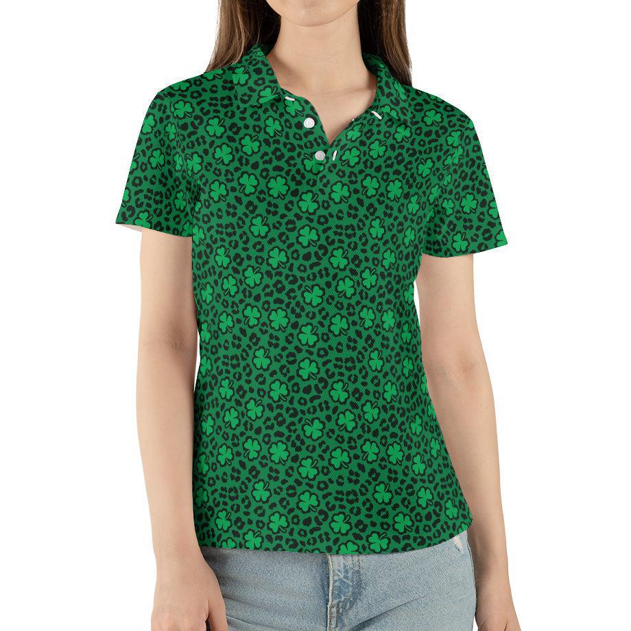 St Patrick's Day Polo Shirts for Women Leopard Print Shamrock Green Shirt Moisture Wicking Short Sleeve Golf Shirt