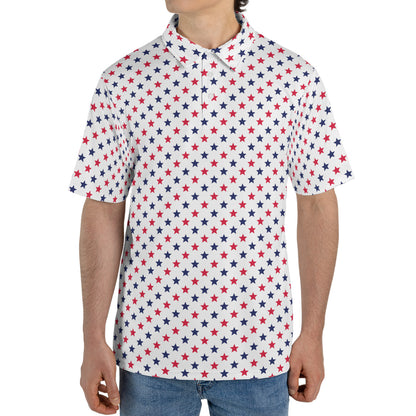 4th of July White Polo Patriotic Golf Shirt for Men Red and Blue Stars Moisture Wicking Summer Top