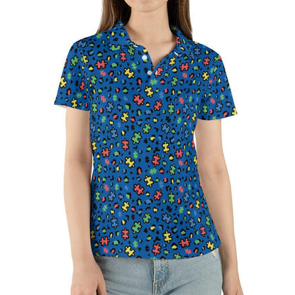 Autism Awareness Shirt for Women Blue Polo Golf Puzzle Print Teacher Outfit Moisture Wicking Short Sleeve Top