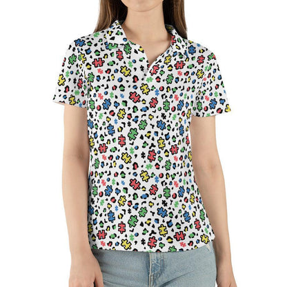 Autism Awareness Shirt for Women Polo Golf Puzzle Print Teacher Outfit Moisture Wicking Short Sleeve Top