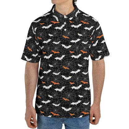 Halloween Bat Spiderweb Polo Shirt for Men Spooky Costume Moisture Wicking Short Sleeve Golf Top