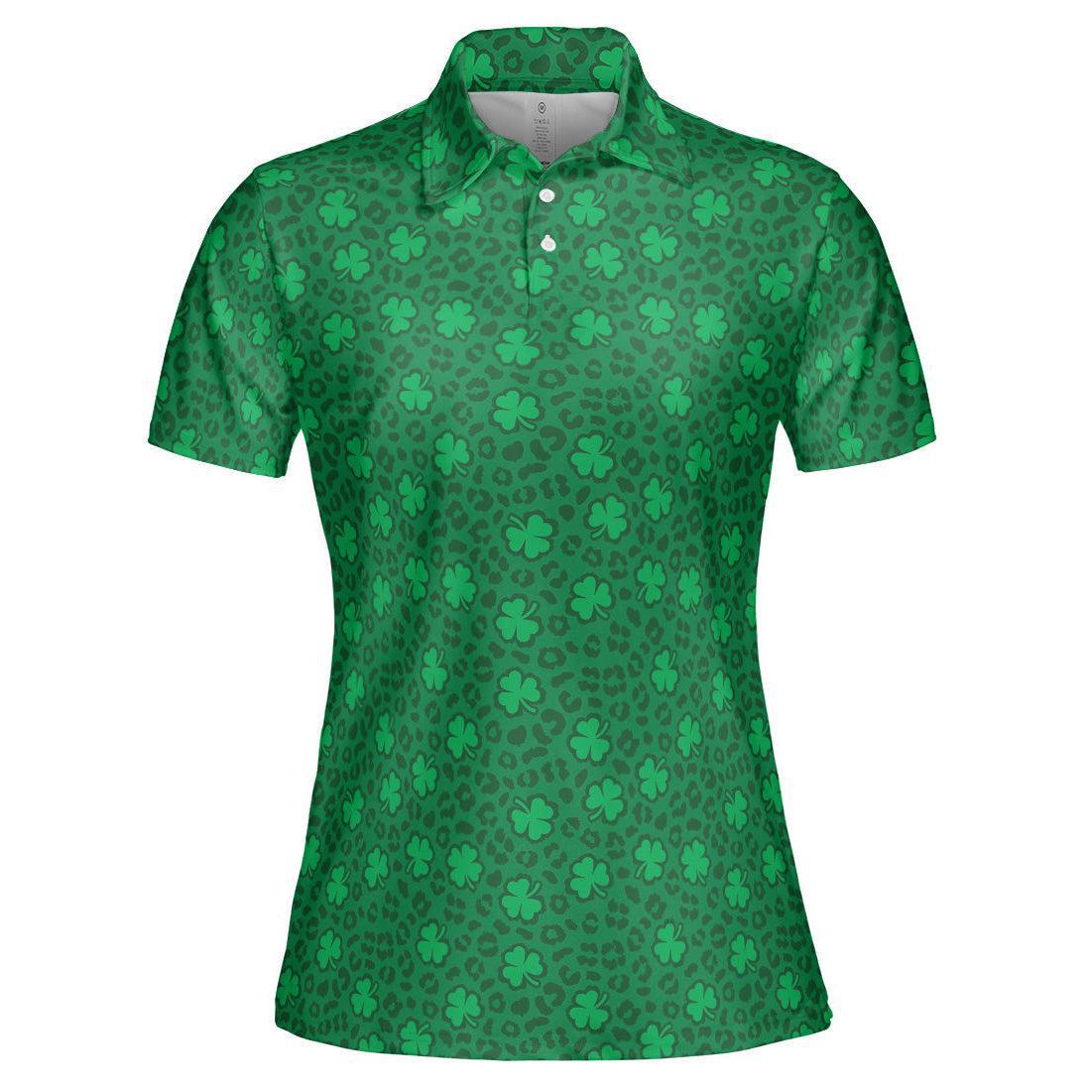 St Patrick's Day Polo Shirts for Women Leopard Print Clover Green Shirt Moisture Wicking Short Sleeve Golf Shirt