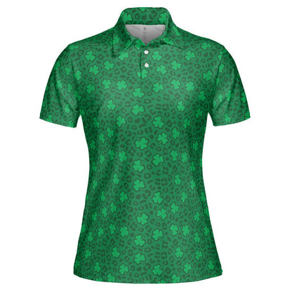 St Patrick's Day Polo Shirts for Women Leopard Print Clover Green Shirt Moisture Wicking Short Sleeve Golf Shirt