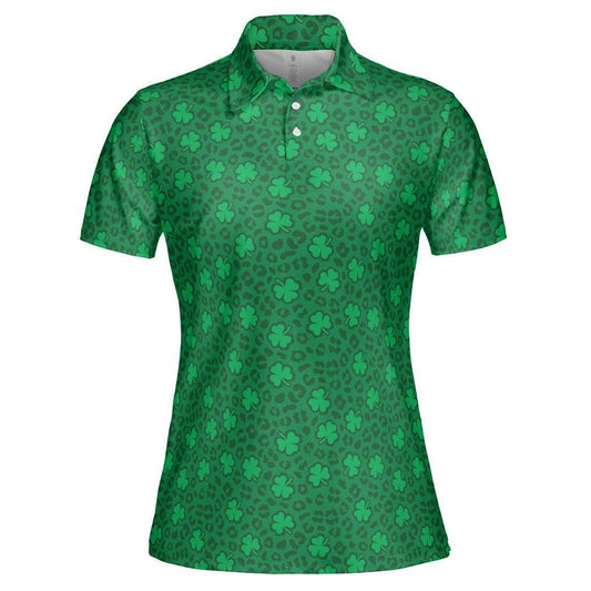 St Patrick's Day Polo Shirts for Women Leopard Print Clover Green Shirt Moisture Wicking Short Sleeve Golf Shirt