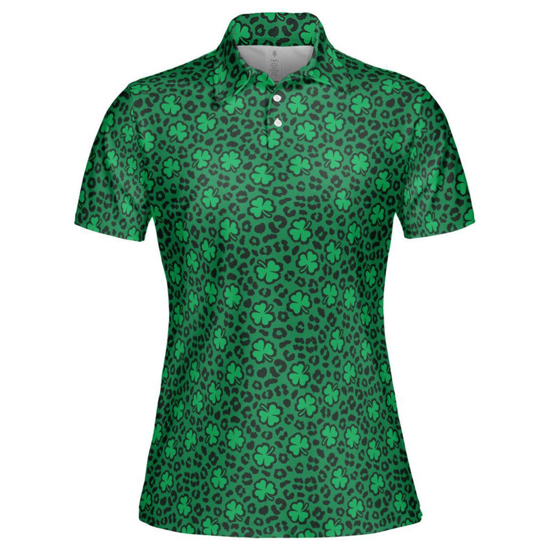 St Patrick's Day Polo Shirts for Women Leopard Print Shamrock Green Shirt Moisture Wicking Short Sleeve Golf Shirt
