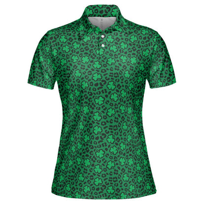 St Patrick's Day Polo Shirts for Women Leopard Print Shamrock Green Shirt Moisture Wicking Short Sleeve Golf Shirt