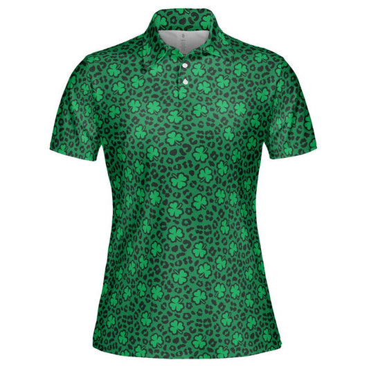 St Patrick's Day Polo Shirts for Women Leopard Print Shamrock Green Shirt Moisture Wicking Short Sleeve Golf Shirt
