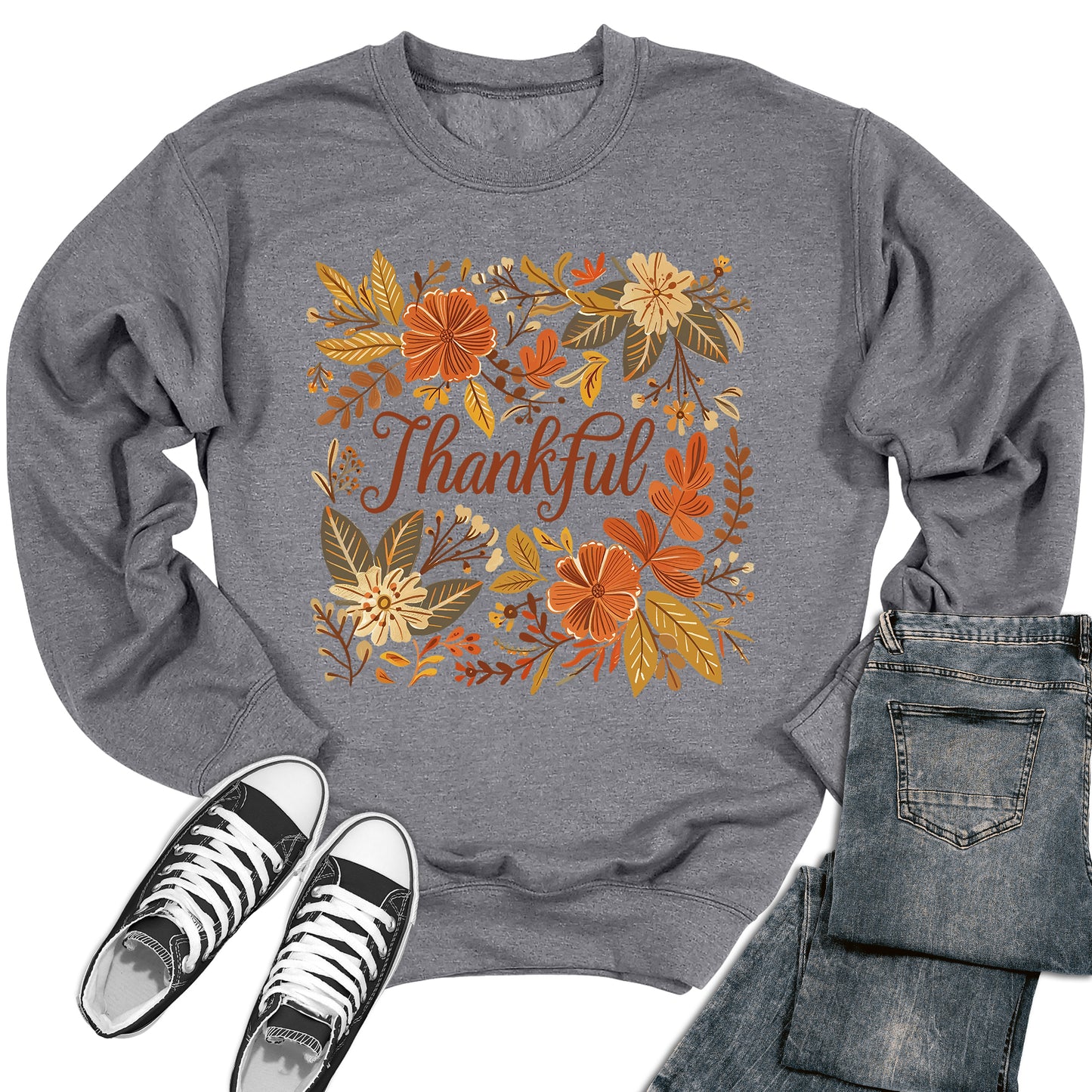 Women's Fall Thankful Crewneck Floral Thanksgiving Sweatshirt