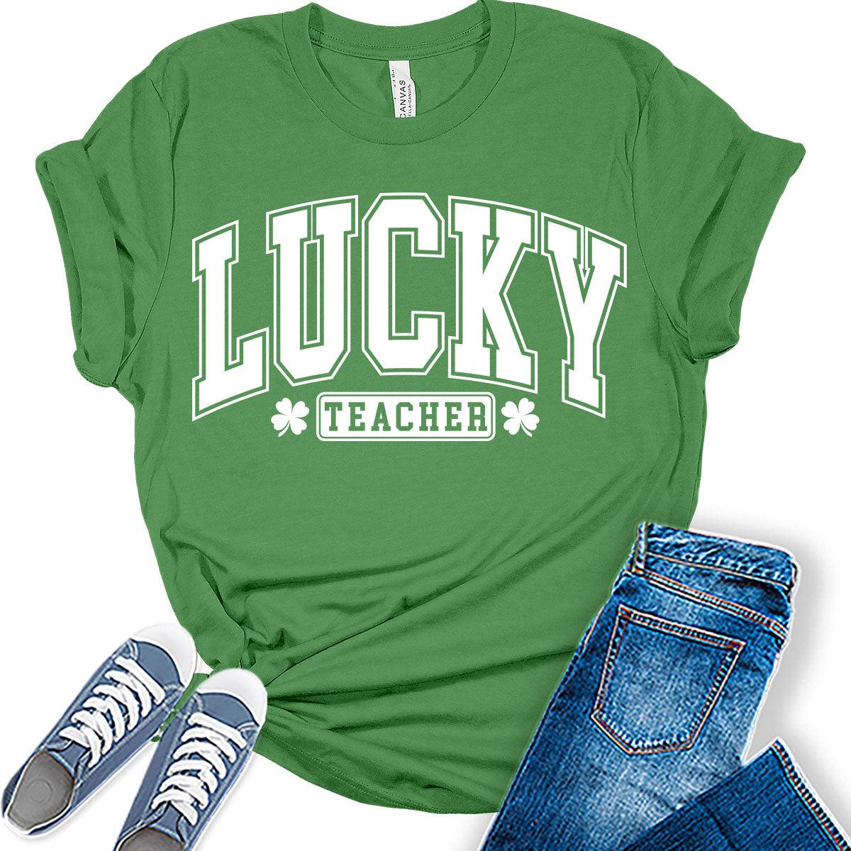 Lucky Teacher T Shirt St Patricks Day Shirt Womens Letter Print Graphic Tees