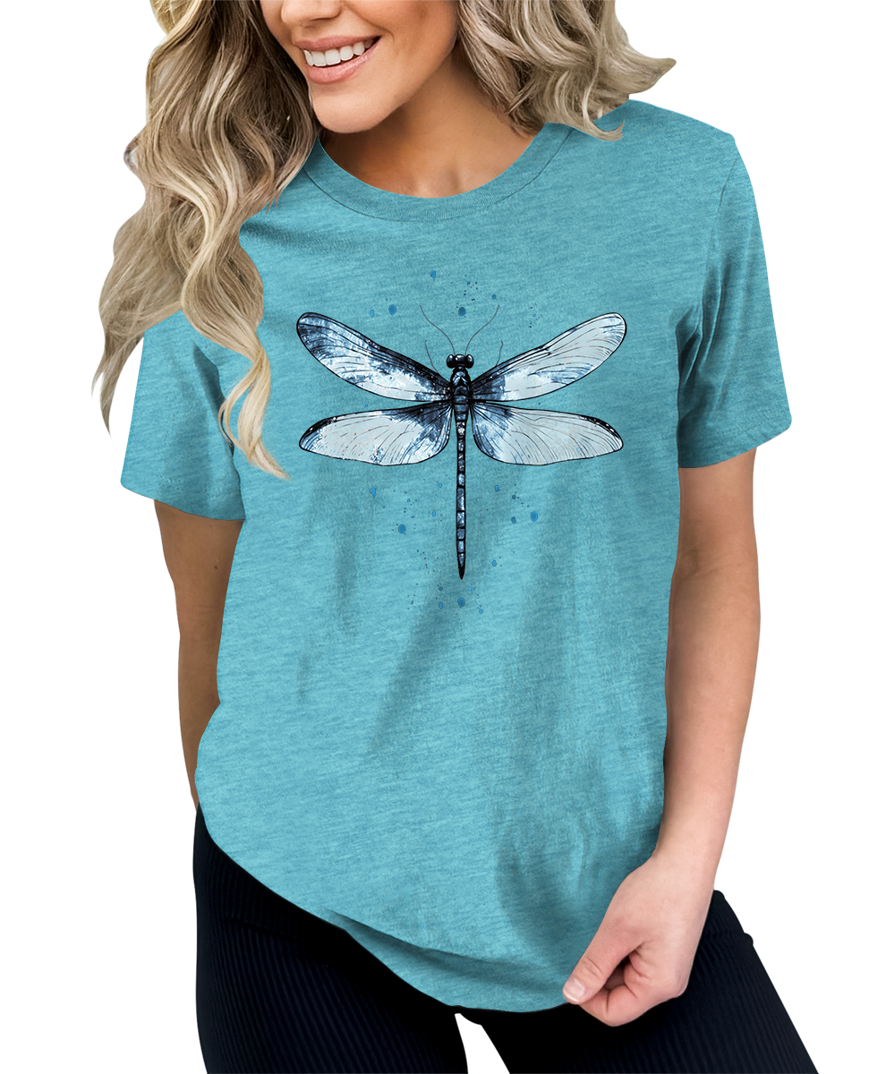 Women's Graphic Tees Casual Summer Vintage Dragonfly Printed Short Sleeve Cute T Shirts Tops