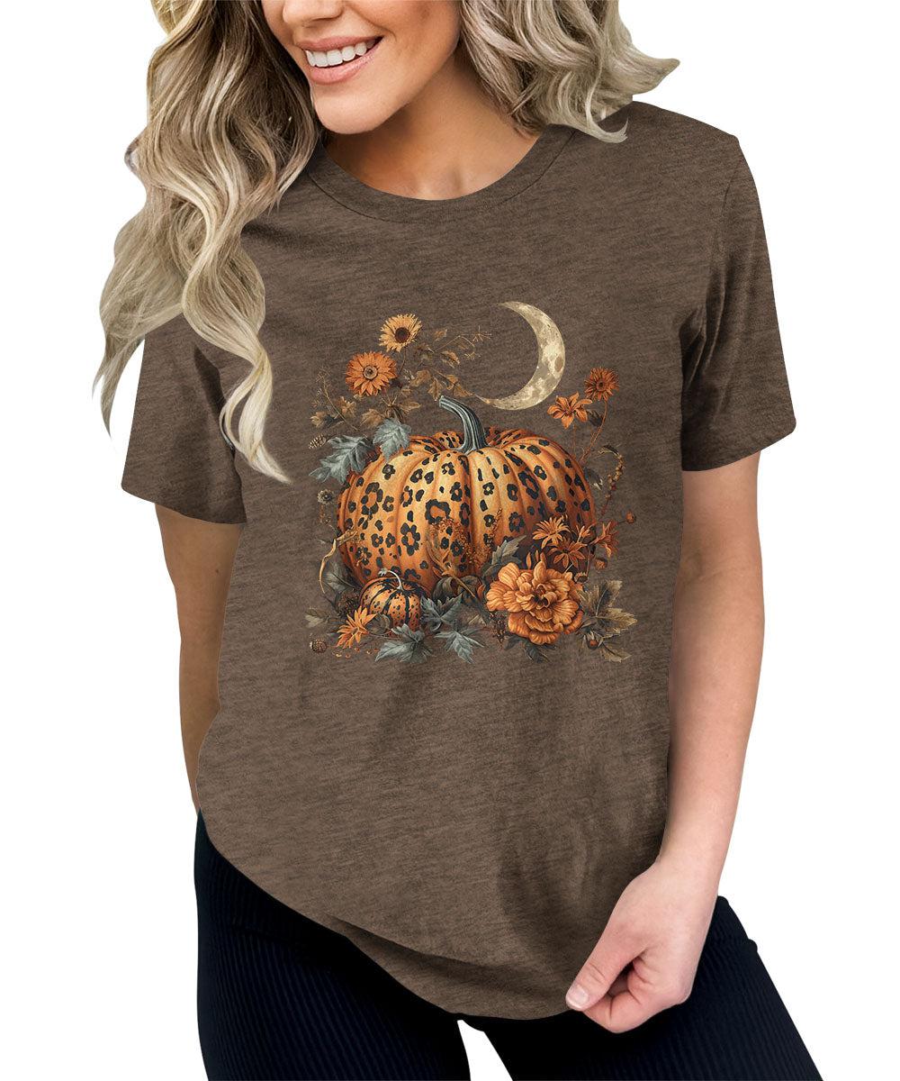 Women's Fall Leopard Print Pumpkin T Shirt Halloween Graphic Tees Plus Size Tops