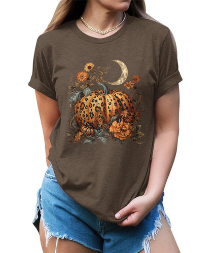 Women's Fall Leopard Print Pumpkin T Shirt Halloween Graphic Tees Plus Size Tops