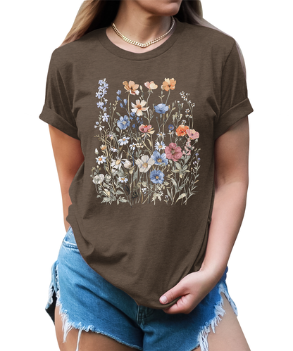 Women's Vintage Floral T Shirt Boho Wildflower Graphic Short Sleeve Tops