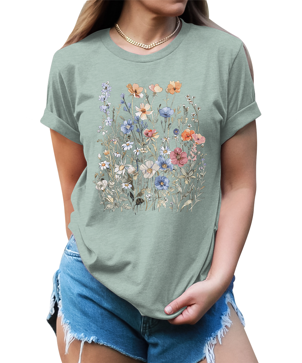 Women's Vintage Floral T Shirt Boho Wildflower Graphic Short Sleeve Tops