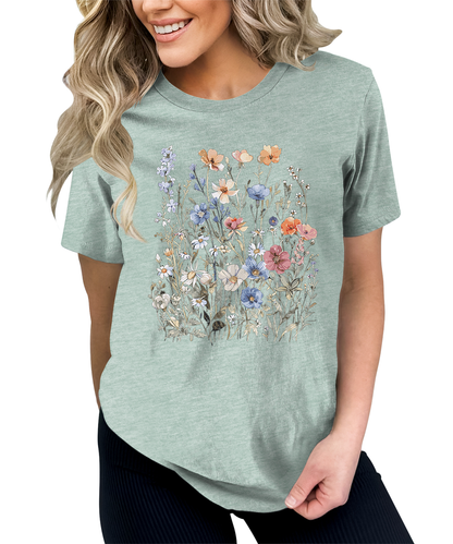 Women's Vintage Floral T Shirt Boho Wildflower Graphic Short Sleeve Tops