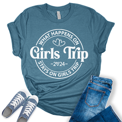 What Happens On A Girls Trip 2024 Shirt Vacation Graphic Tees for Women Cute Summer Tops