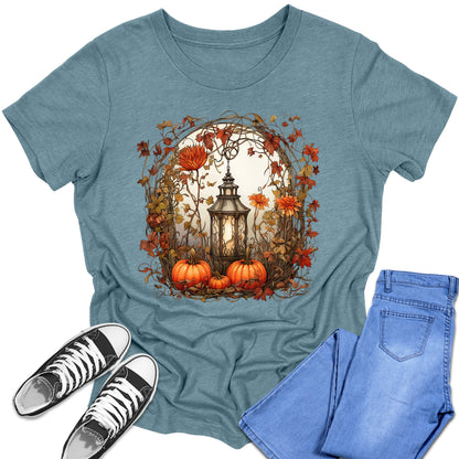 Girl's Short Sleeve Graphic Tees Cute Floral Lantern Pumpkin Shirt Back To School Fall Tops