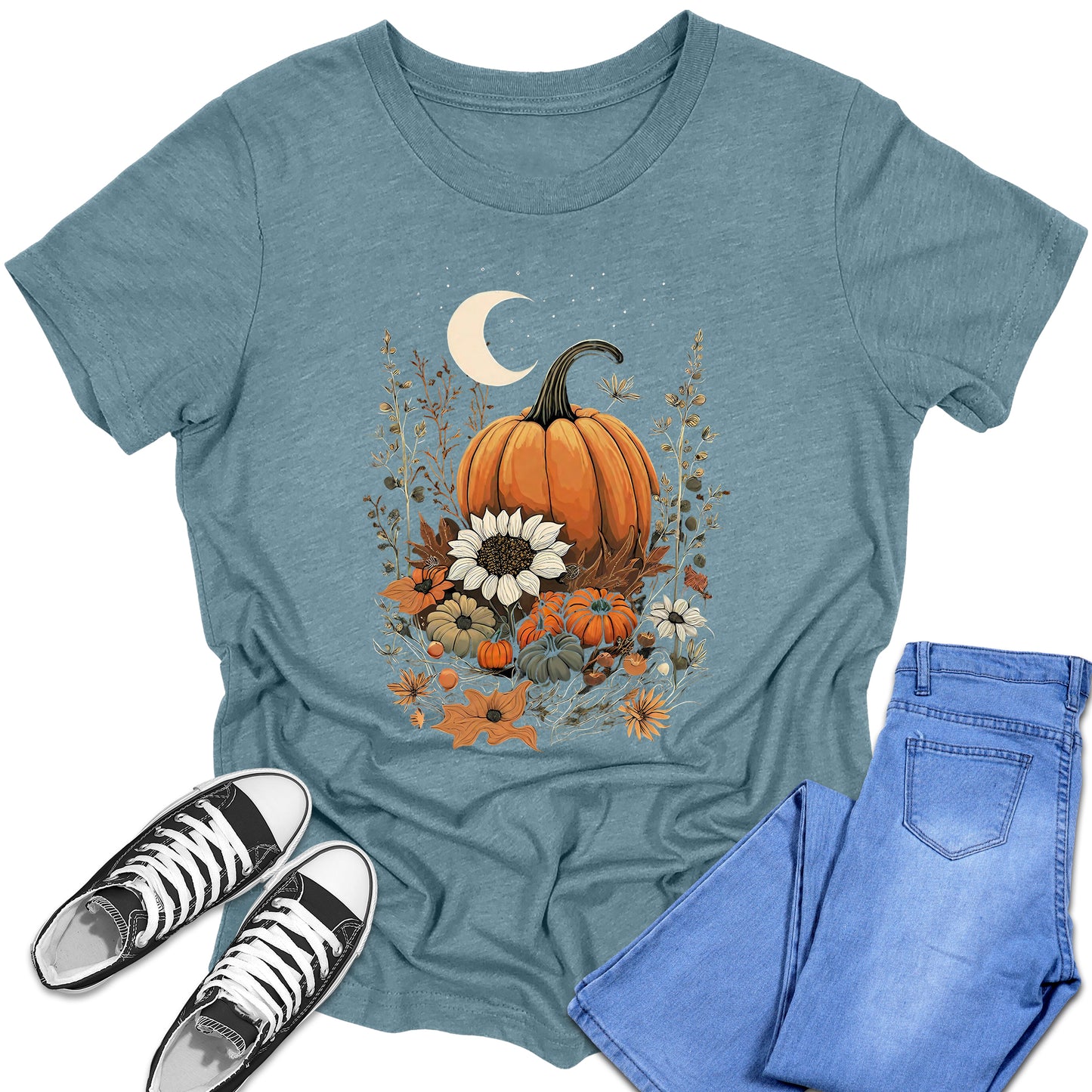 Girl's Short Sleeve Graphic Tees Cute Floral Moon Pumpkin Shirt Back To School Fall Tops