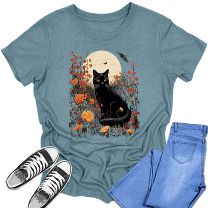 Girl's Short Sleeve Graphic Tees Cute Black Cat Moon Shirt Back To School Fall Tops