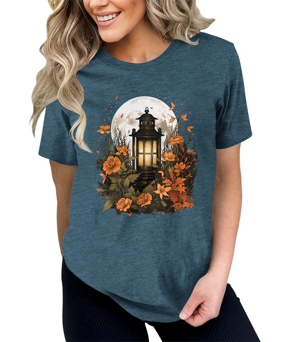 Fall Lantern Shirt Halloween Graphic Tees Short Sleeve Plus Size Tops For Women